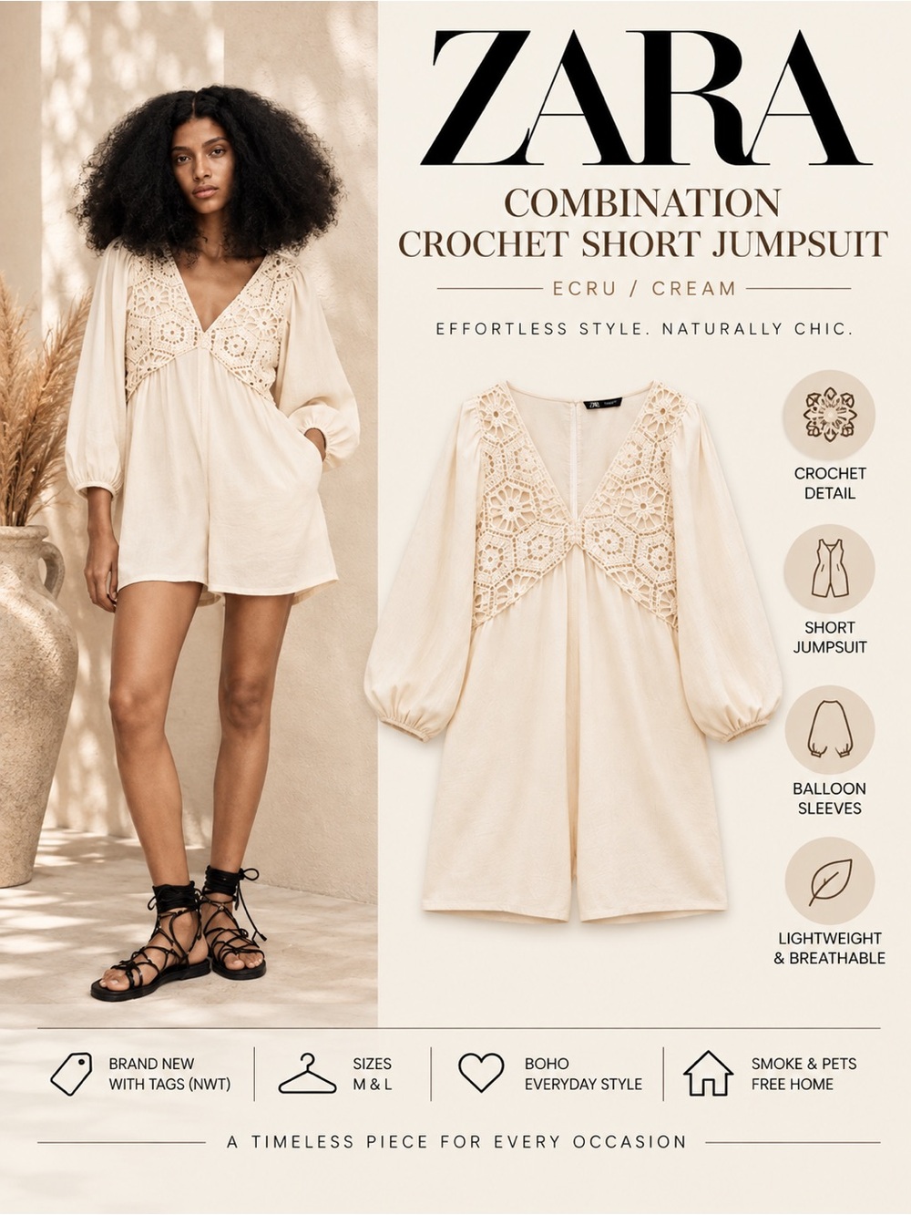 Zara Ecru Combination Crochet Short Jumpsuit Size M L NWT Cream Boho Romper